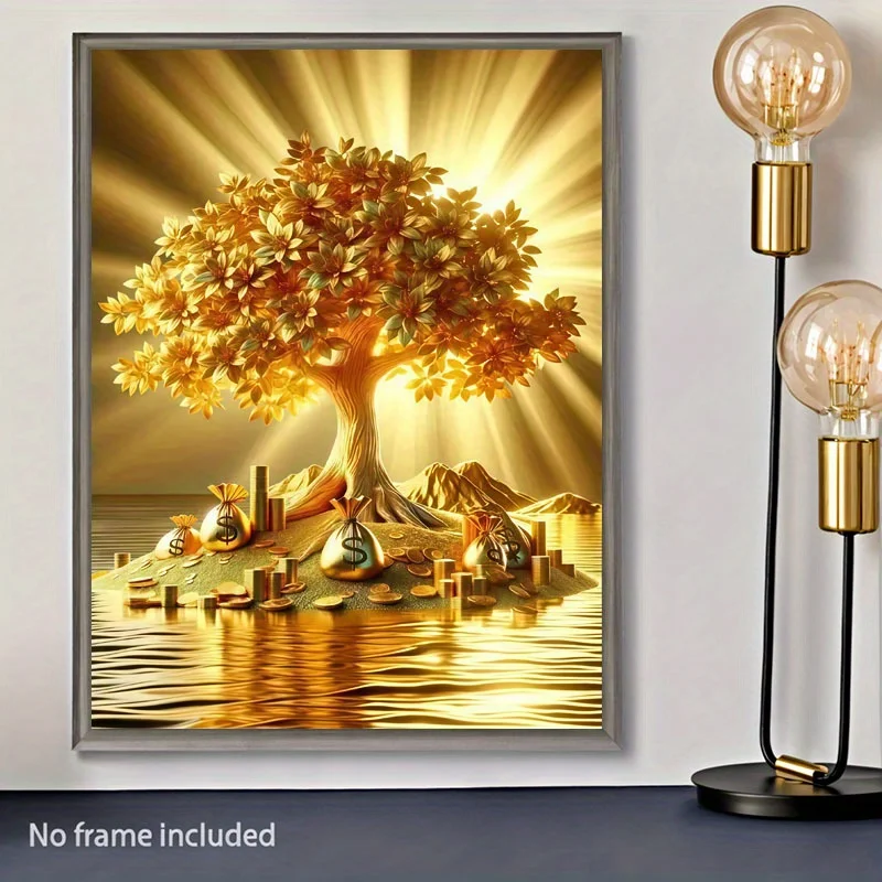 Money Tree Canvas Wall Art Poster – Frameless Vibrant Golden Tree of Wealth with Banknotes & Flowing Water Design, Perfect for