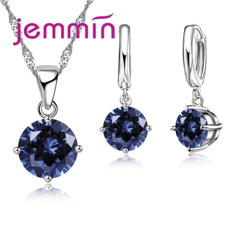 8 Colour AAA Crystal 925 Sterling Silver Pendants Earring Necklace Set Women Girls Party Four-Claw Jewelry