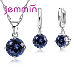 8 Colour AAA Crystal 925 Sterling Silver Pendants Earring Necklace Set Women Girls Party Four-Claw Jewelry