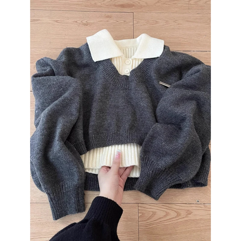 Women Two-piece Retro Knitted Pullover Sweater Autumn and Winter Korean Fashion College Style Age-reducing Casual Jumper Tops