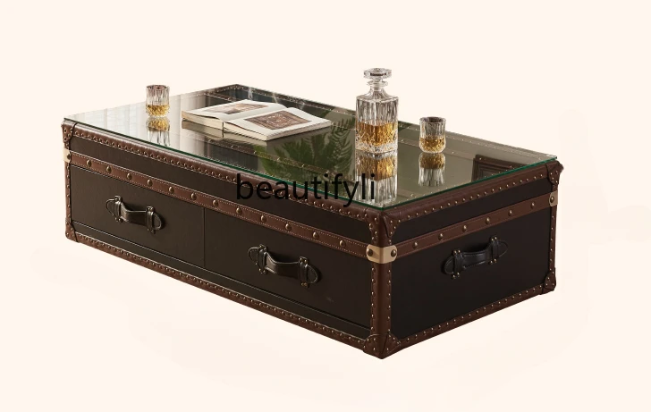 French Style Antique Coffee Table Club Coffee Table Genuine Leather Retro Leather Suitcase Coffee Table American Luggage