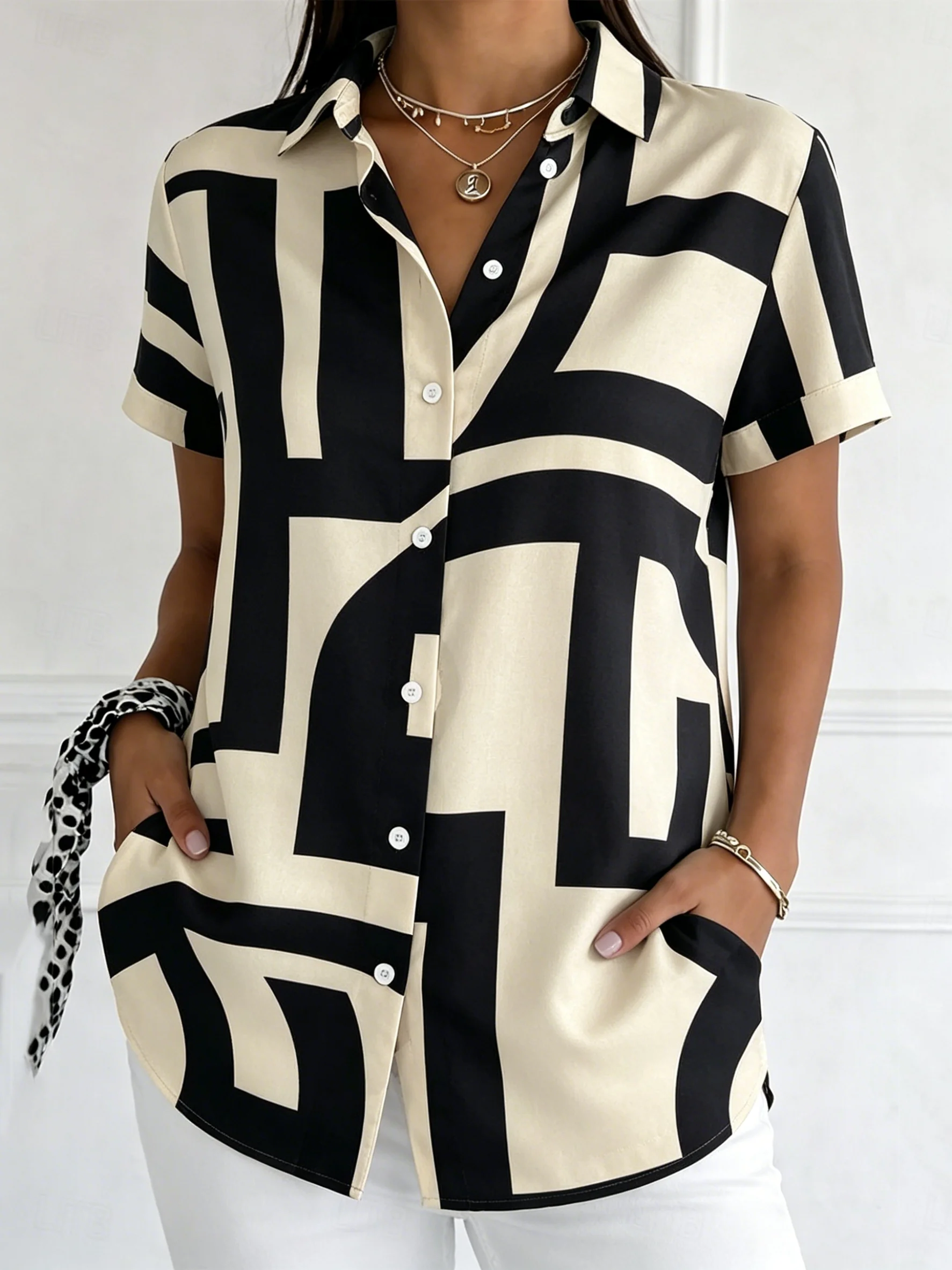 

Women's Short Sleeve Geometric Print Button Down Casual Shirt Elegant Daily Blouse Tops in Black Beige for Spring Summer