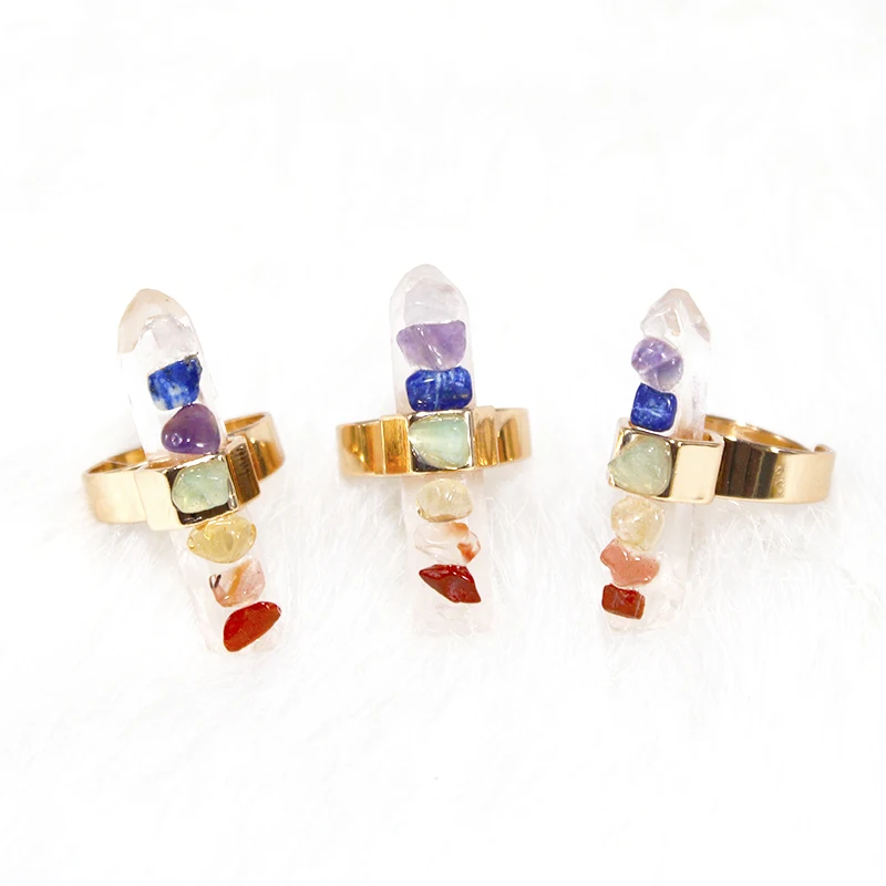 7 Chakra Stone Rings for Women Gold Color Irregular Raw Crystal Resizable Finger Jewelry Yoga Energy Balancing