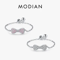 MODIAN Genuine 925 Sterling Silver Fashion Cute Bowknot Link Chain Rings Adjustable Free Size Rigns For Women Fine Jewelry