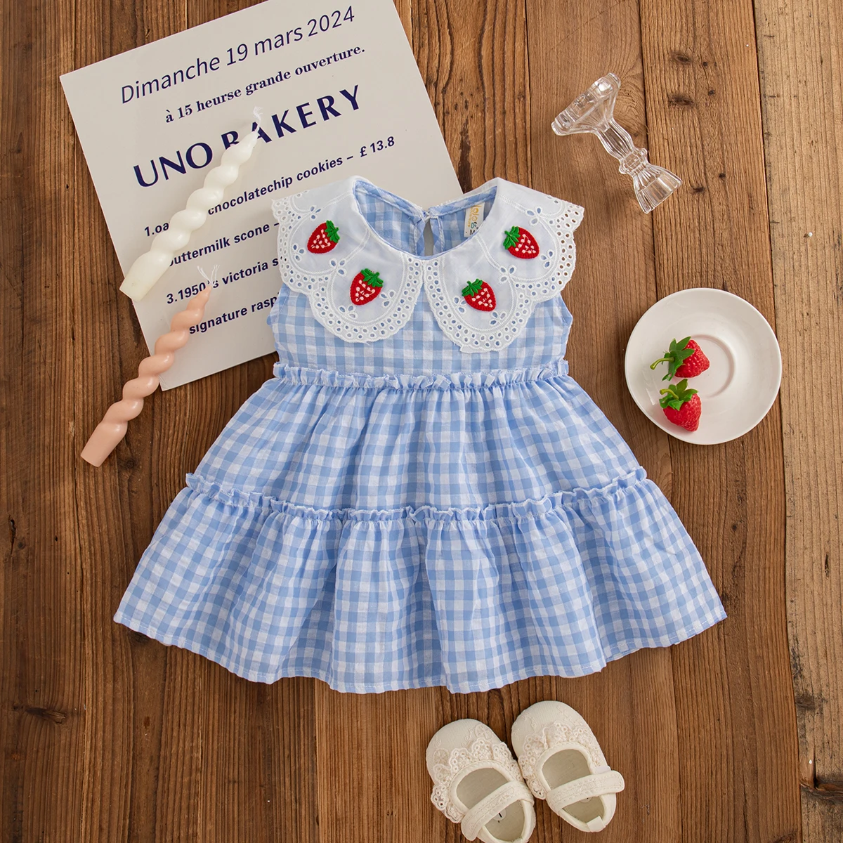 Baby Clothes Girl Summer Plaid And Strawberry Pattern Doll Neck Sleeveless Casual Baby Dresses Cute Sweet Girl Kid's Dress