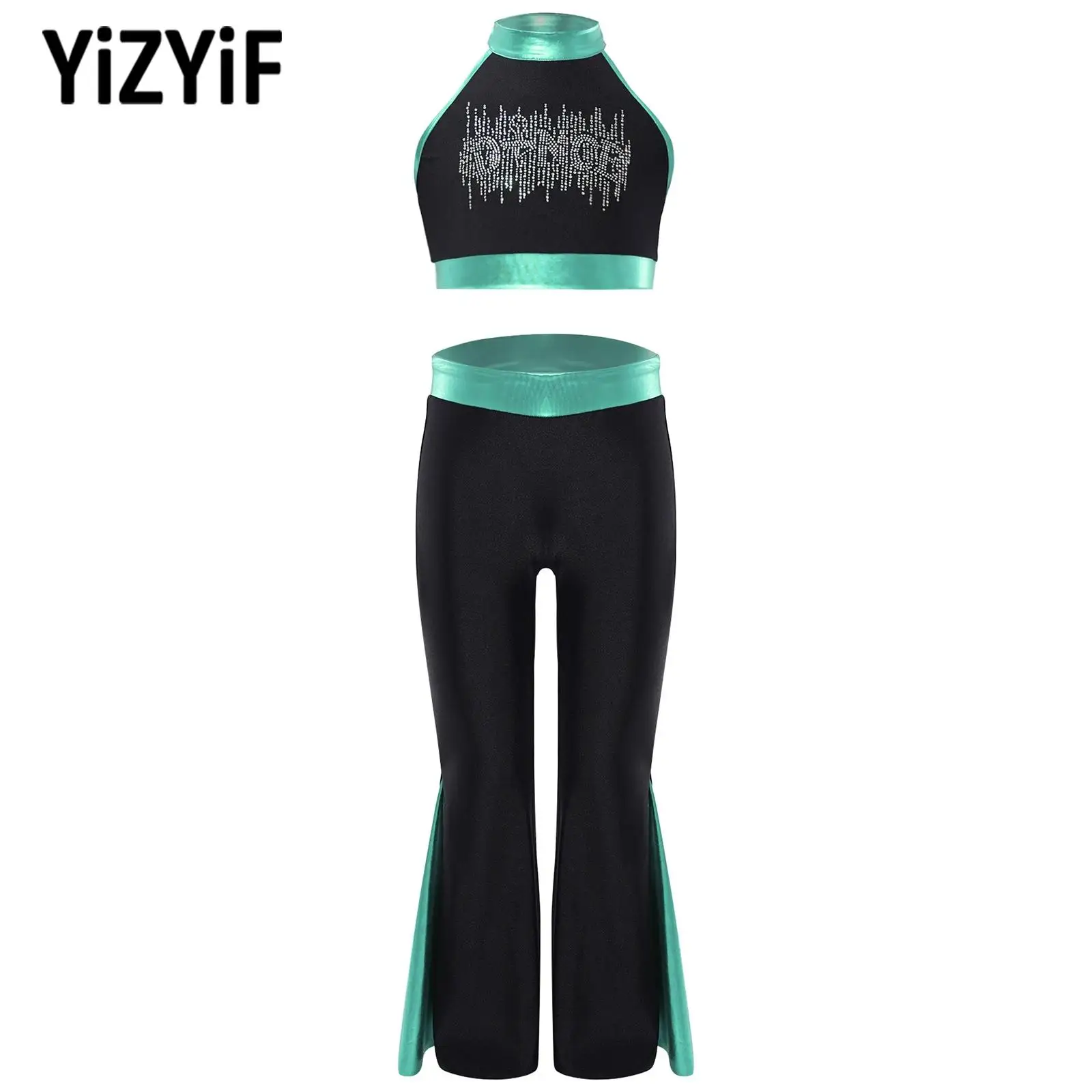 Kids Girls Dance Outfits Dancewear Sets Stage Performance Costume Halter Sleeveless Backless Crop Top with Patchwork Flare Pants