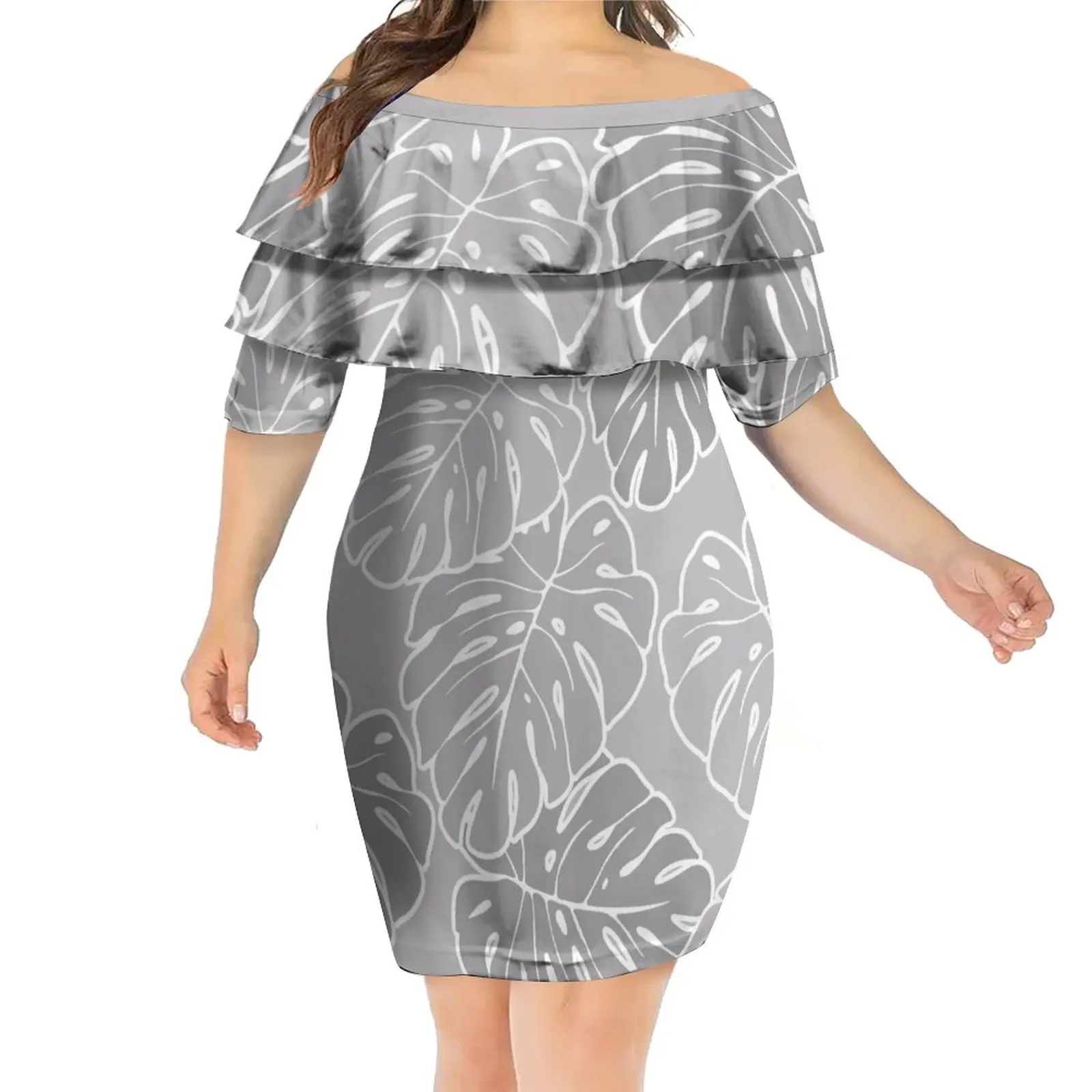 Drop Shipping Drape One Shoulder Dresses Custom Polynesian Tribal Print Layered Ruffle Short Mini Dress Plus Size Womens Dresses