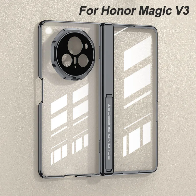 Magnetic Hinge Stand Plating Clear Case for Honor Magic v3 Outer Screen Glass Protective Holder Cover for Honor Magic v3 Case