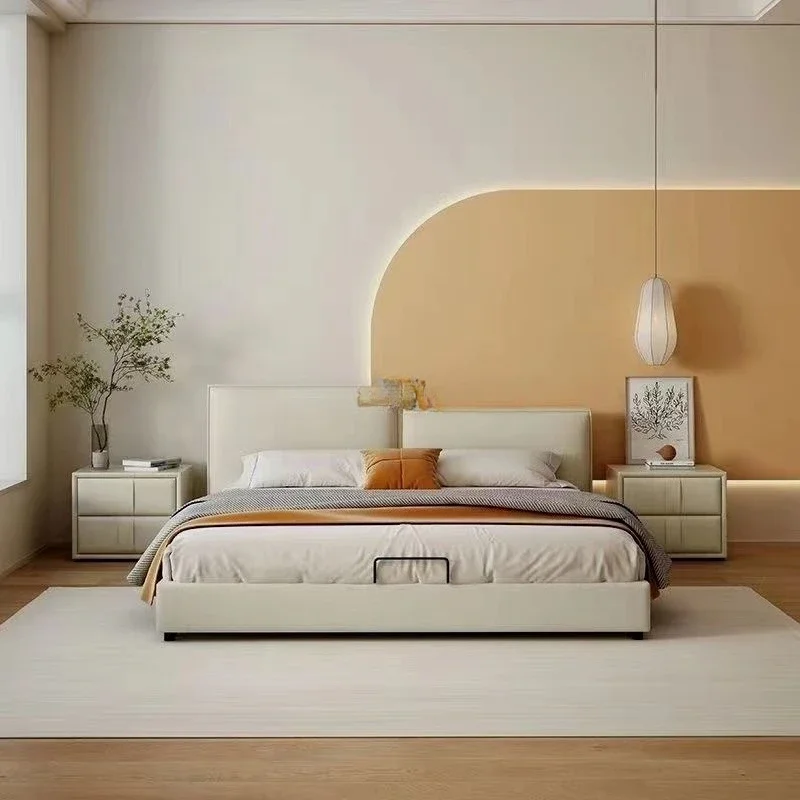 

Modern simple tofu cubes fabric bed cream wind master bedroom technology cloth high and low