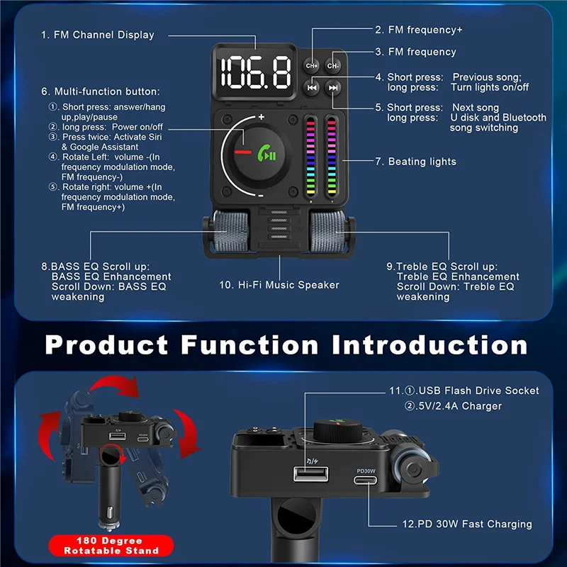 Bluetooth Car Adapter - Bluetooth 5.3 FM Transmitter, PD 30W Type C Fast Charge & USB Port, HiFi Treble & Bass Player