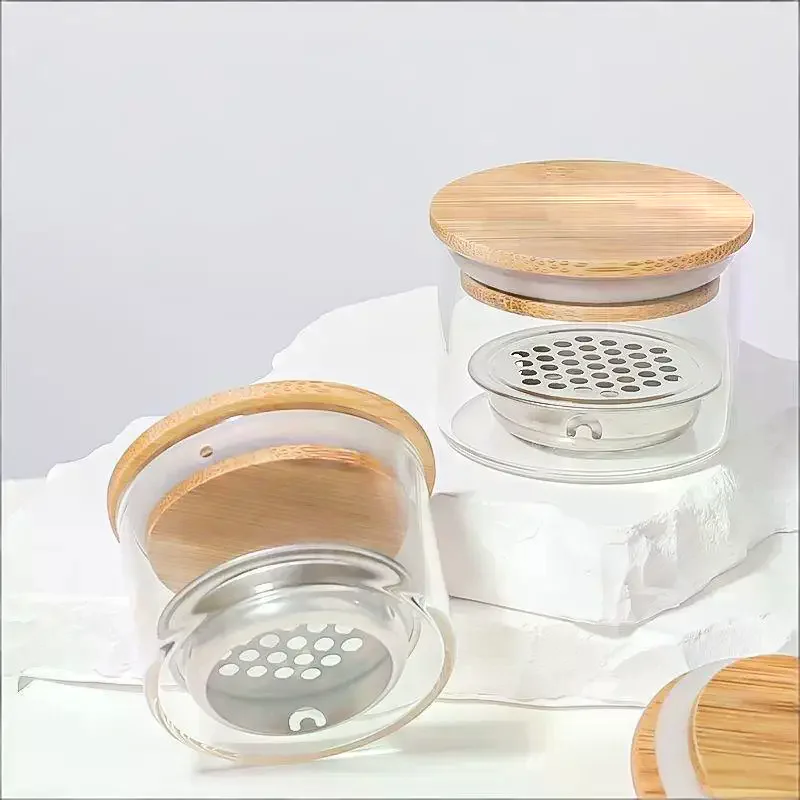 Glass Nail Brush Cleaner Cup Round With Wood Lid Brushes Washing Cup Stainless Steel Mesh Nail Brush Cleaner Transparent