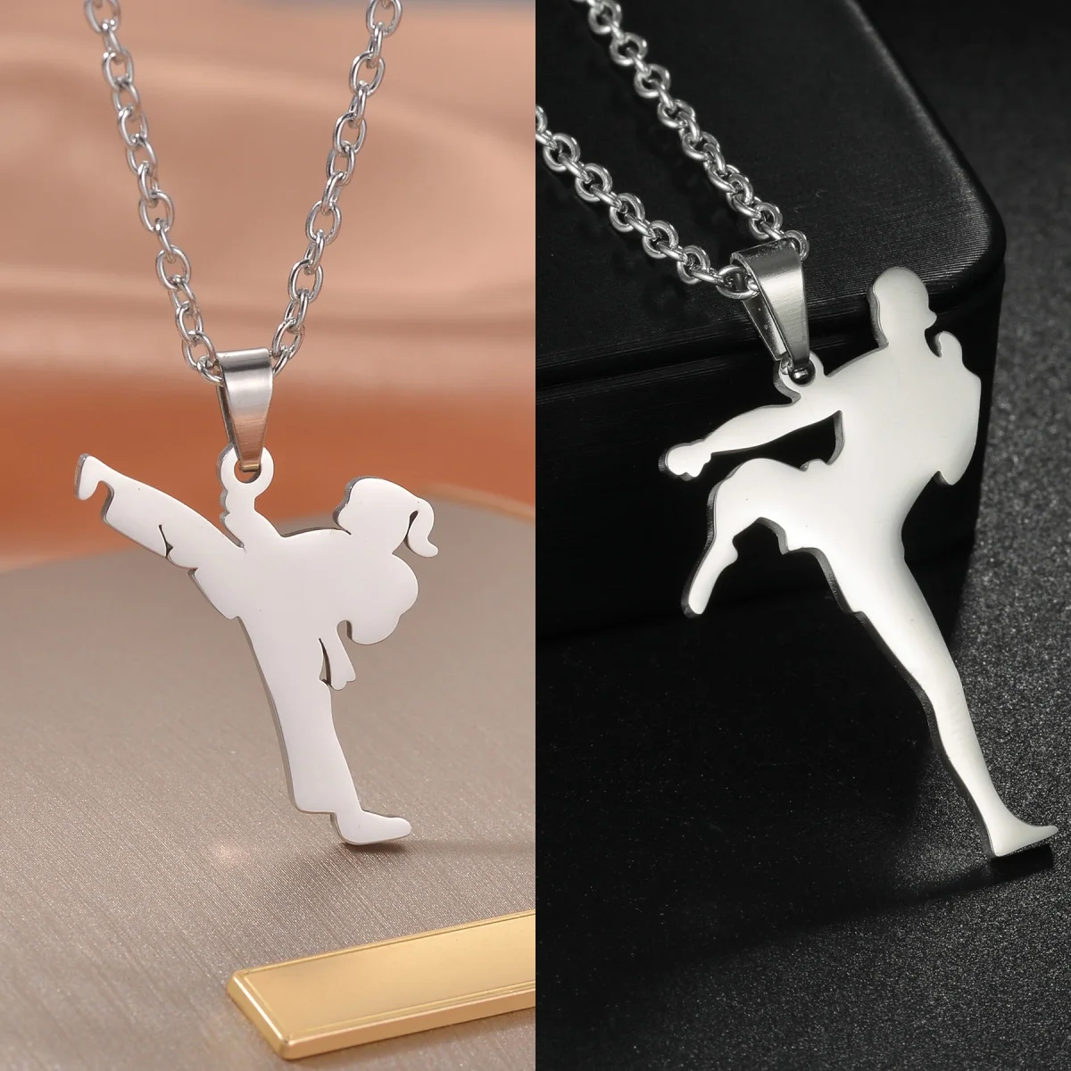 Women Men Taekwondo Kongfu Pendant Necklaces Martial Arts Jiu Jitsu High Kick Sports Charm Chain Stainless Steel Jewelry Gift