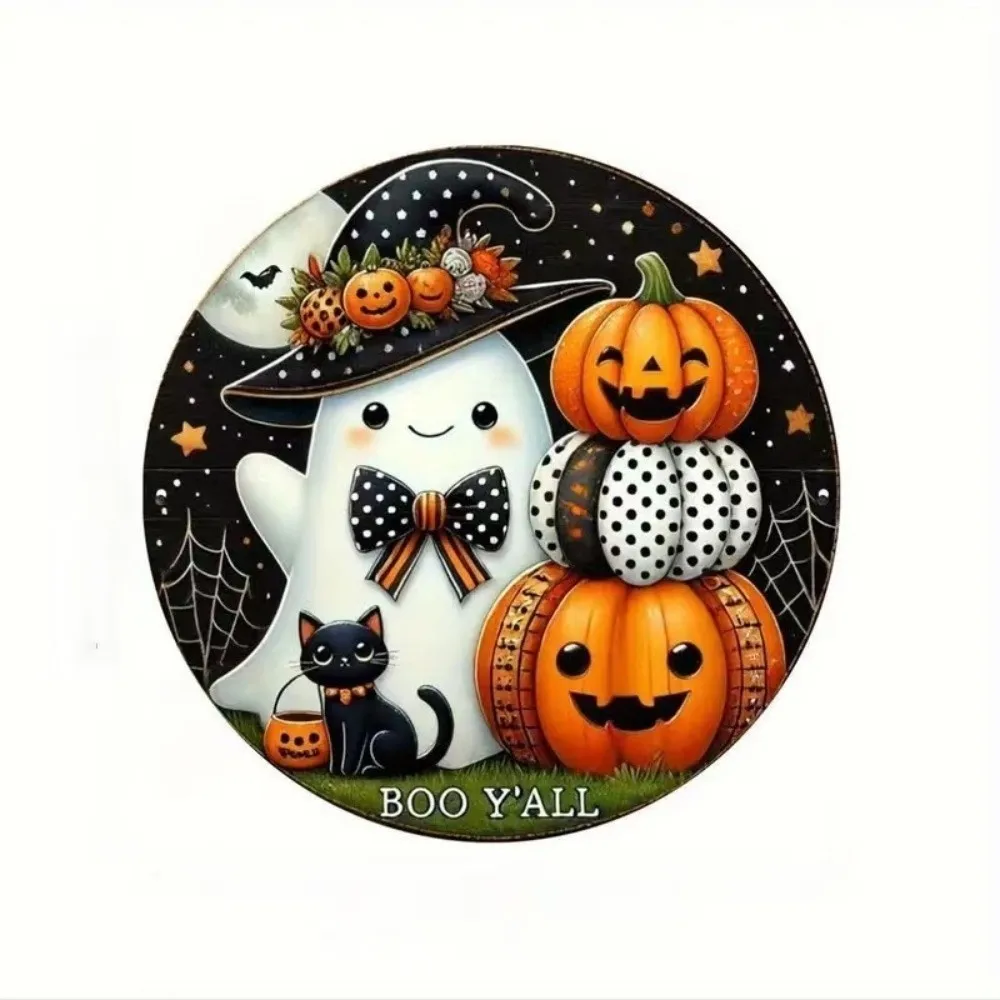 Wooden Halloween Door Decorations Ghost Pumpkin Cat Witch Porch Decor 2D Flat Round Shape Wall Decoration Indoor Atmosphere