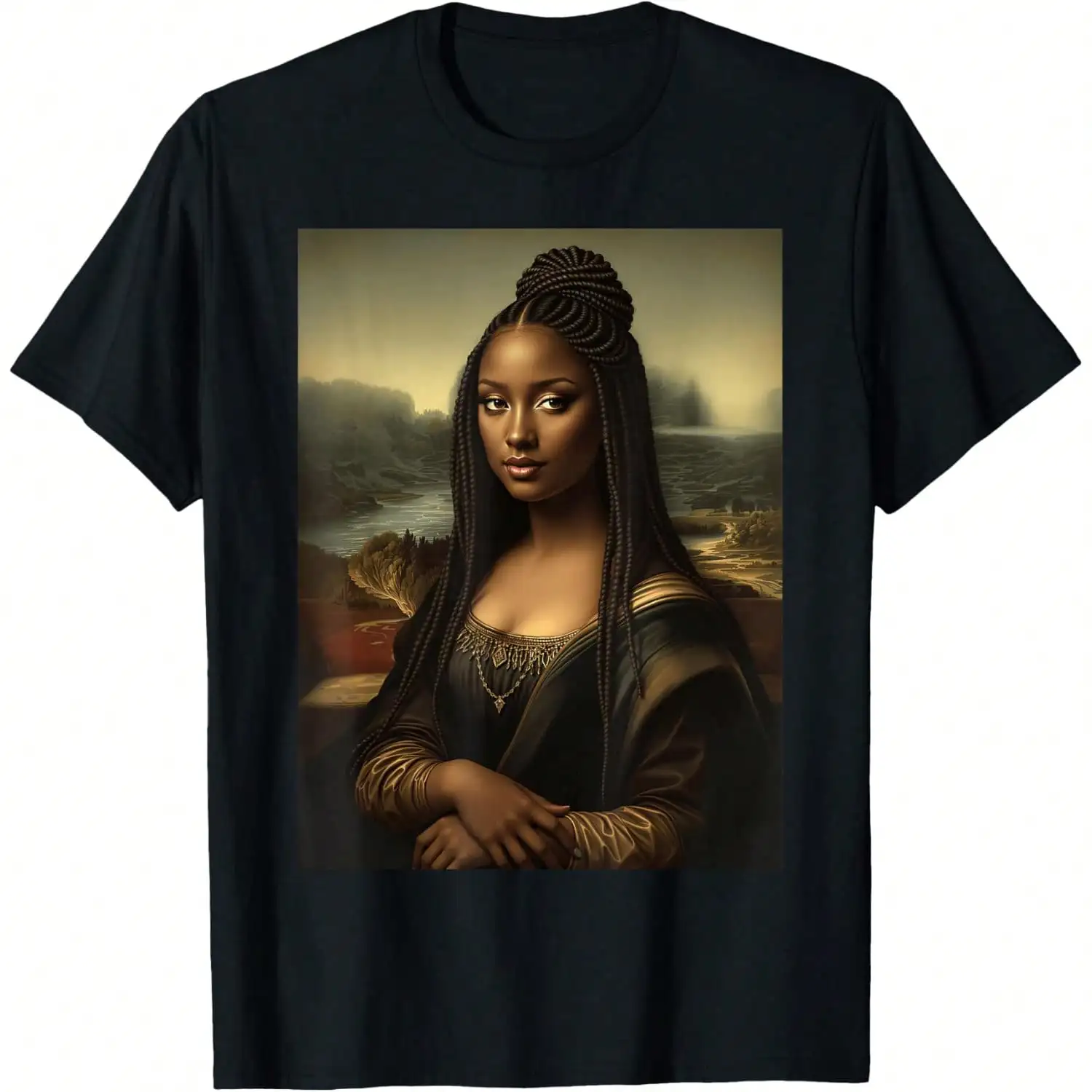 

Black T-Shirt with Artistic Portrait Print - Elegant Vintage Style