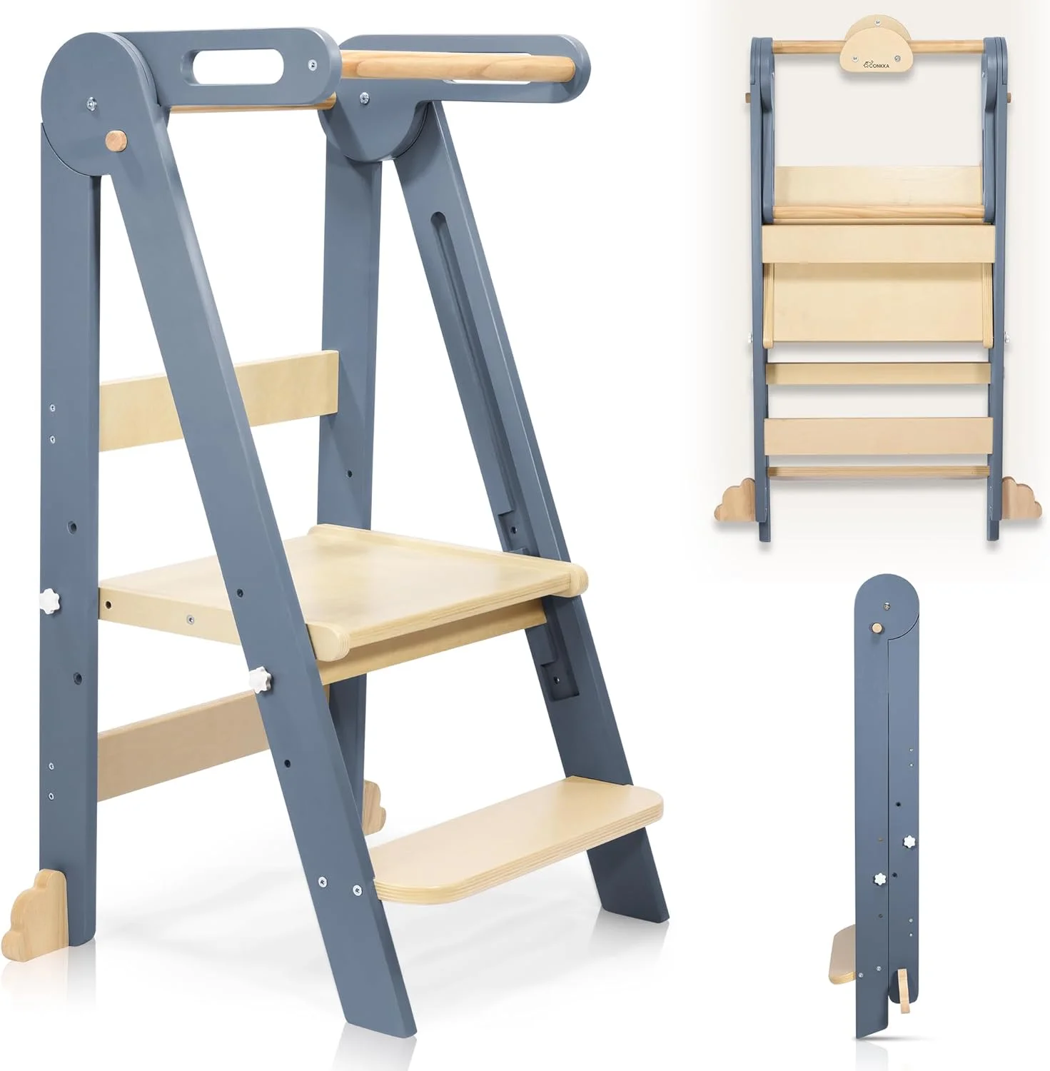 

Hot Sale Modern Style 3 in 1 Wooden Foldable Infant Kitchen Stool Helper Multifunction Toddler Tower for Learning