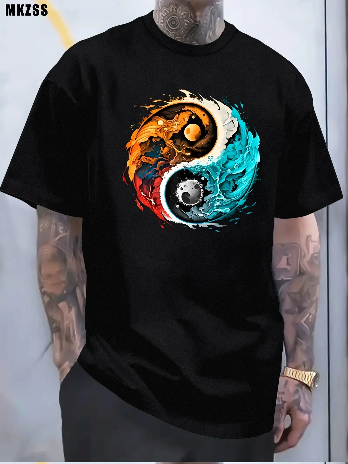 Hot Sale Men's Yin Yang T-shirt Bestselling Fire & Water Tai Chi Print Tee Casual Streetwear with Oriental Vibe