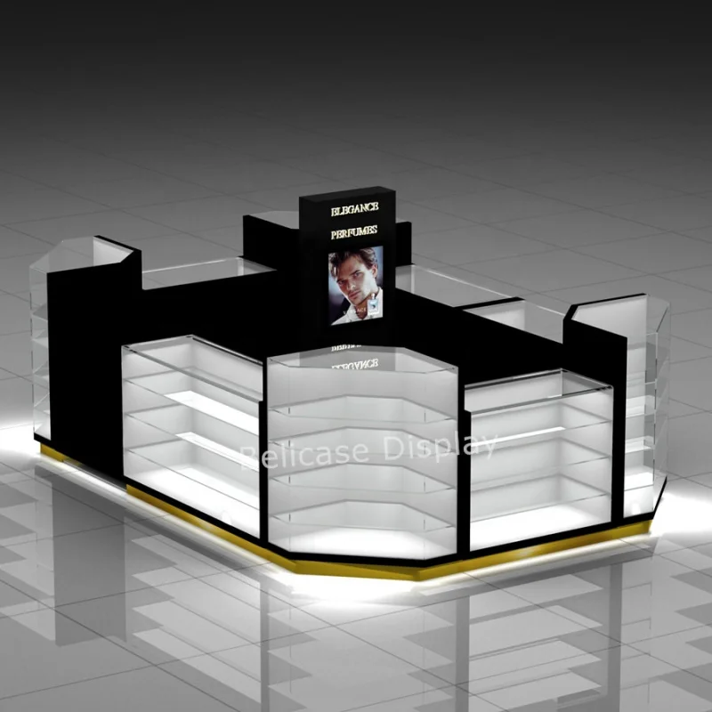 （customized）Factory Price Jewelry Store Showcase Black Glass Counter Perfume Kiosk Booth Shopping Mall