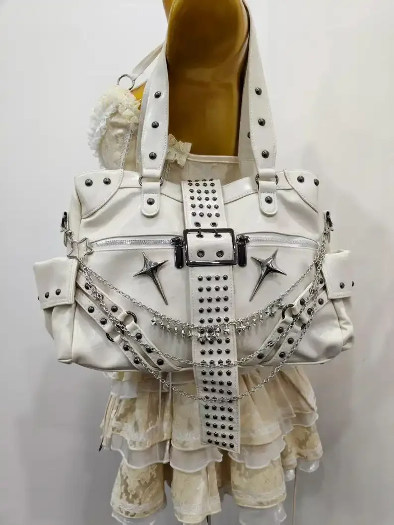 Grunge Alt Multi-Pocket Crossbody Purse for Women White Y2K Punk Star Chain Shoulder Bag Rivet Buckle Faux Leather Handbag