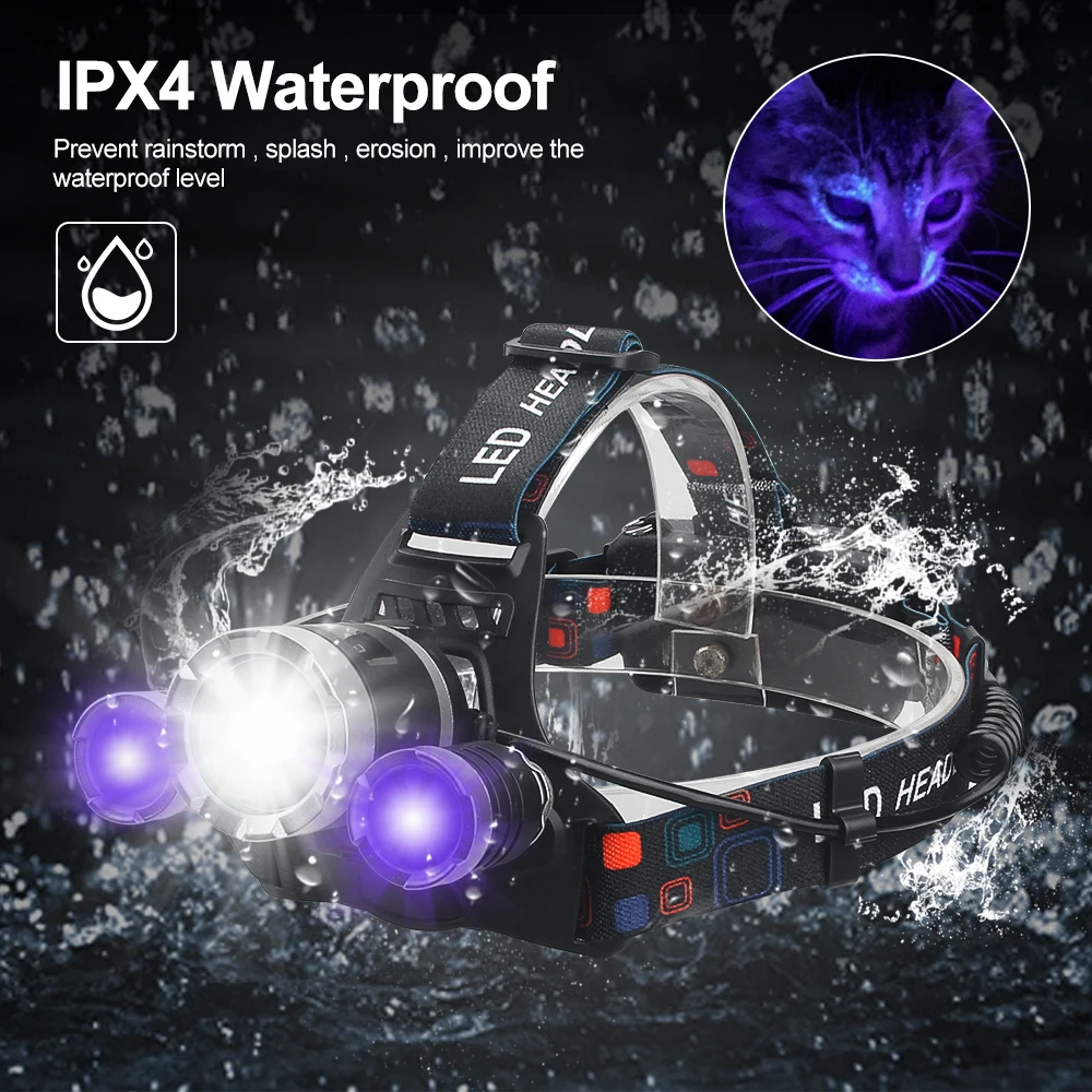 Poderoso farol LED recarregável, luz branca, UV395nm, 90 ° tocha ajustável, pesca ao ar livre, caça lanterna, lanterna