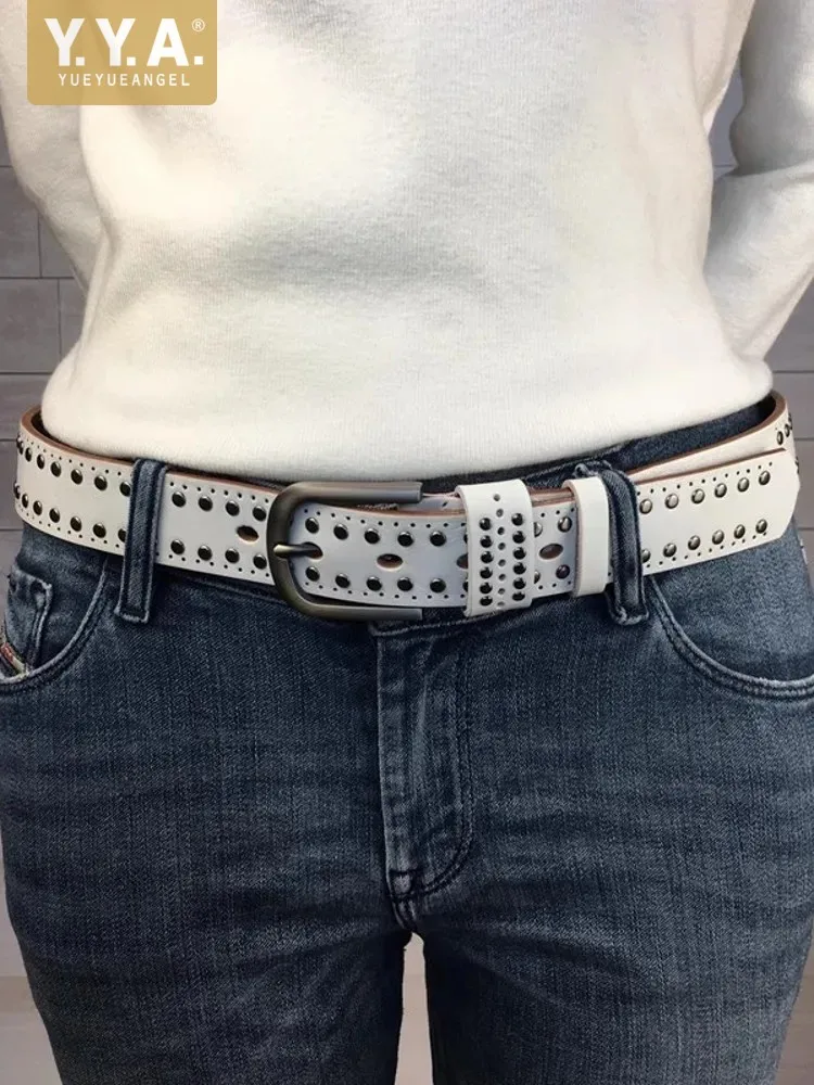 

Women Rivets Studded Strap For Jeans Width 3.3cm Cowhide Genuine Leather Belt Pin Buckle Waistband Fashion Accessory Belts