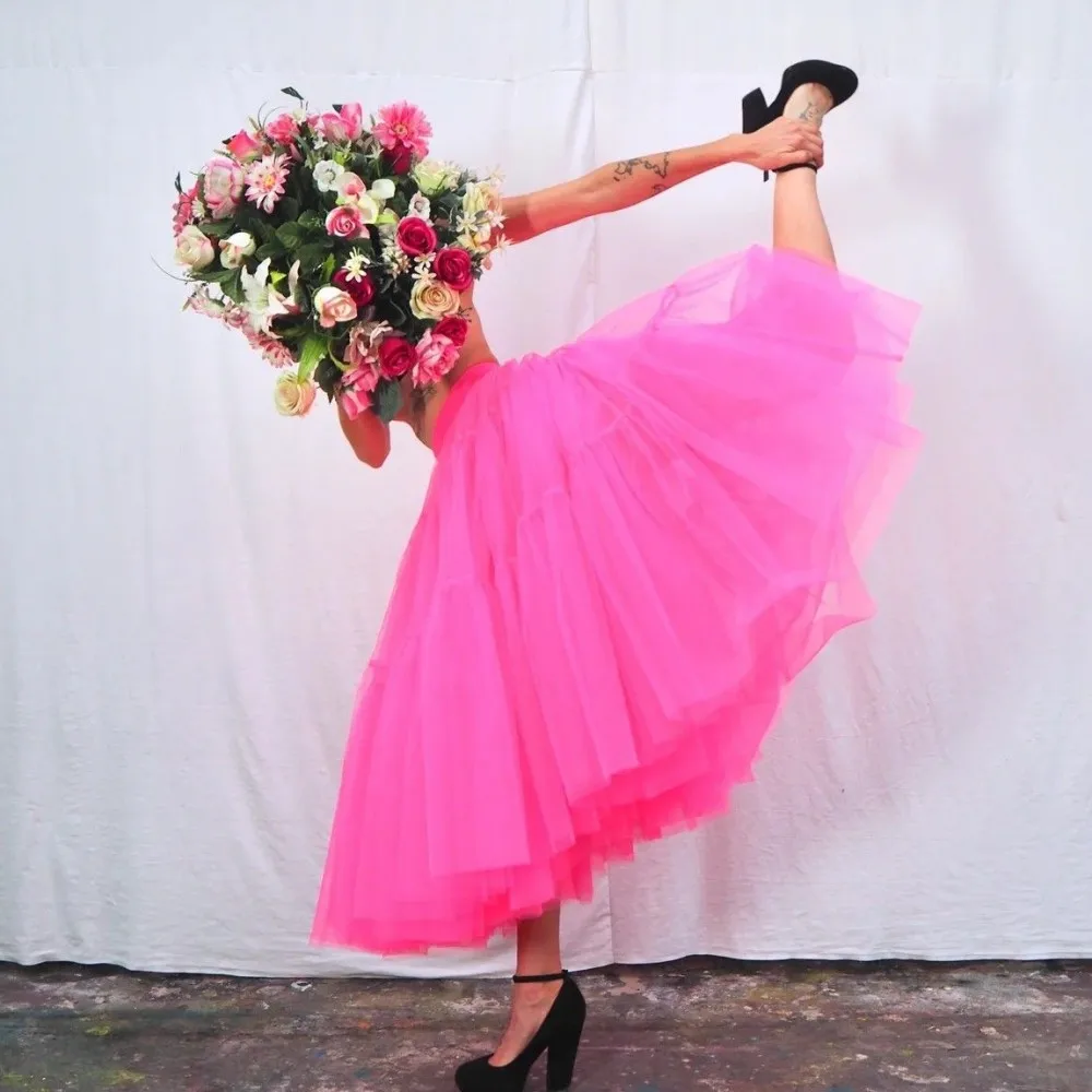 

Pink Tulle Birthday Skirt Elastic Waist TUTU Skirt for Women Ankle Length Underskirt Layers Bridal Maxi Tutu Skirts