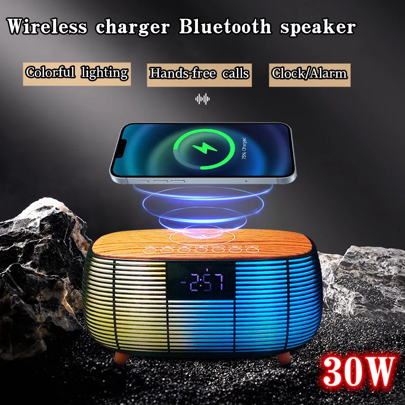 With Clock Display Screen Bluetooth Speaker Wireless Charging LED Lights FM Radio Hands-freecalls Support TFcard AUX Subwoofer