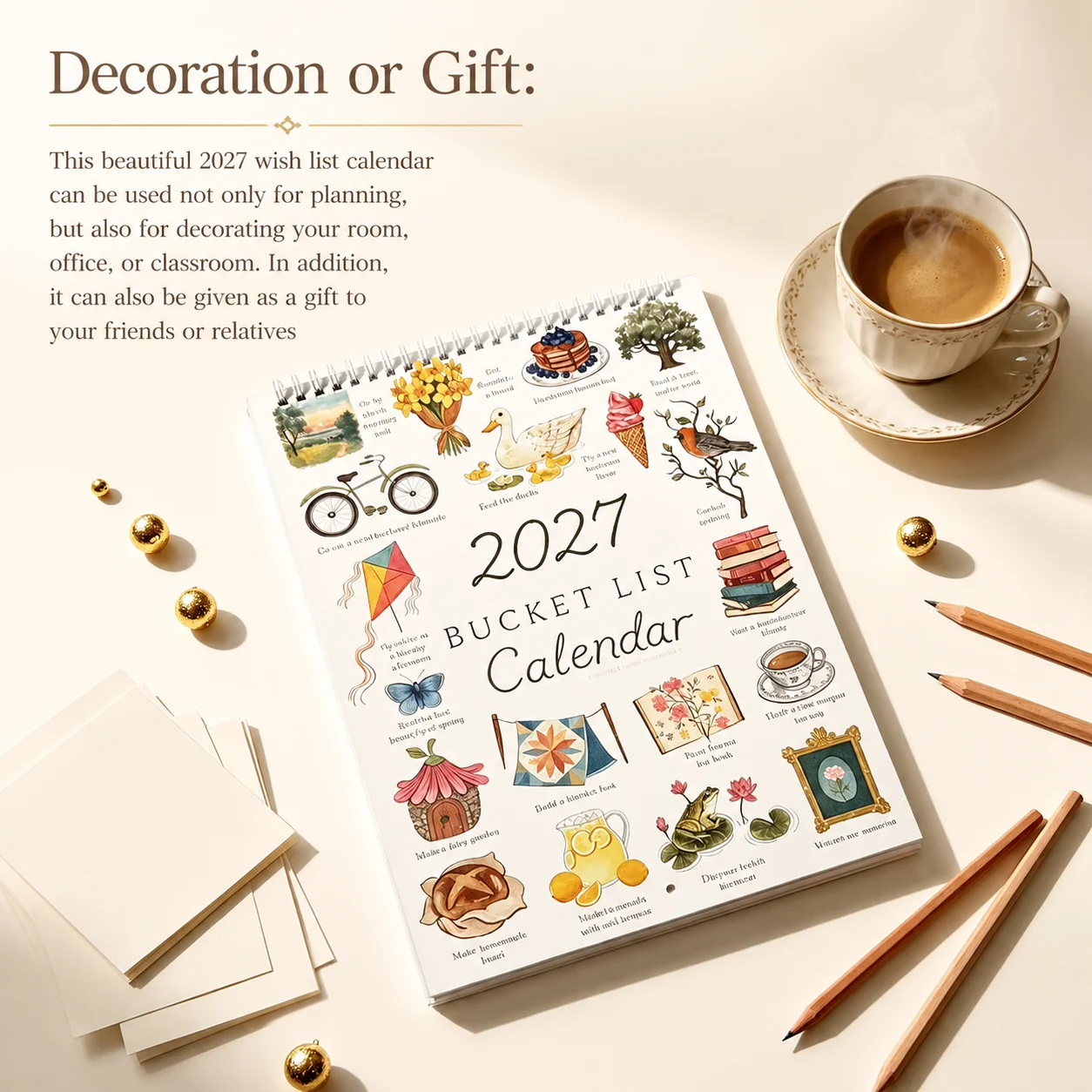 2027 Bucket List Calendar 12 Months Large Double spiral Wire-Binding Wall Calendar with Hook To-Do List & Notes Wall Calendar