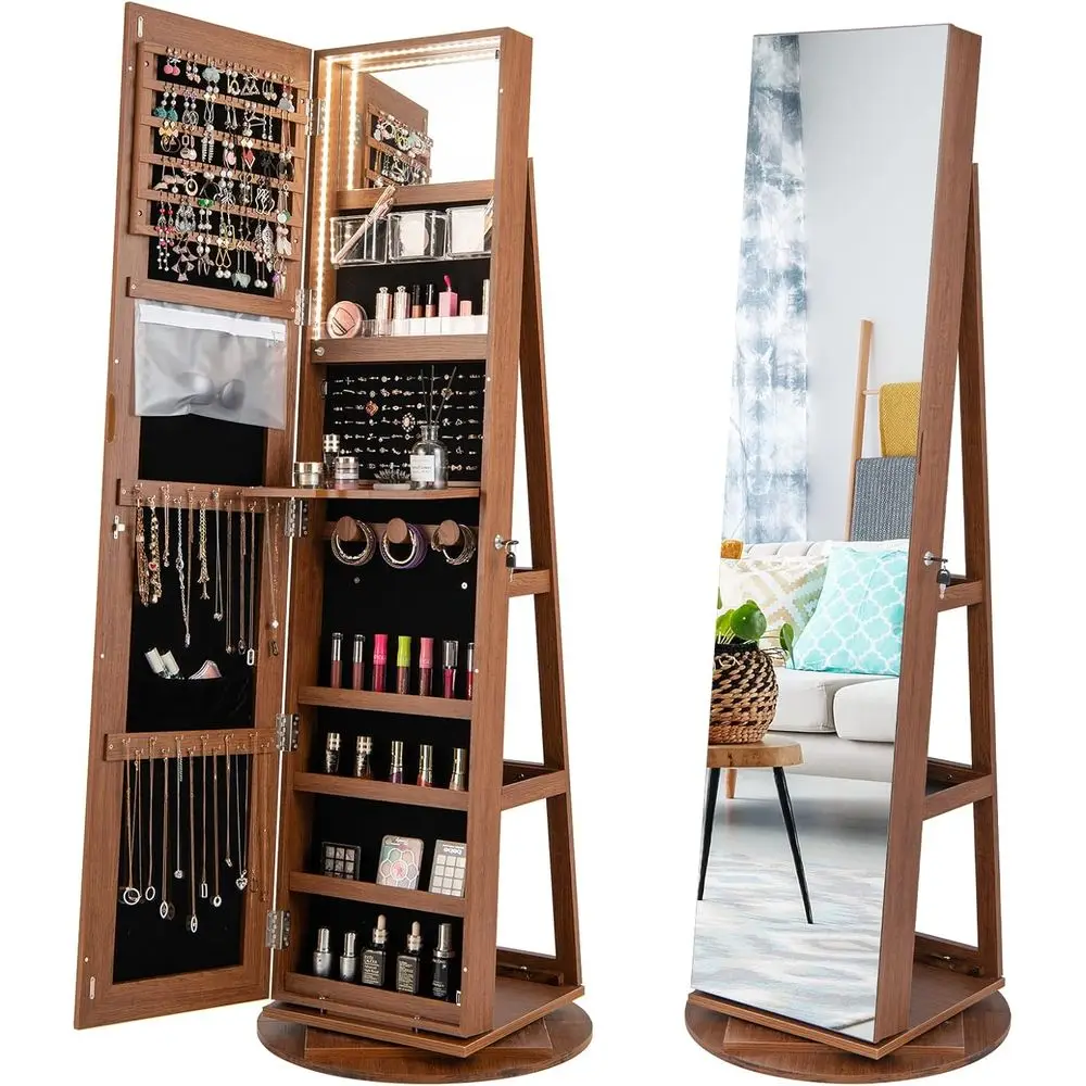 

360° Swivel Jewelry Cabinet with Lockable Storage, Full-Length Mirror & 3-Color LED Lights, for Women's Bedroom (Brown)