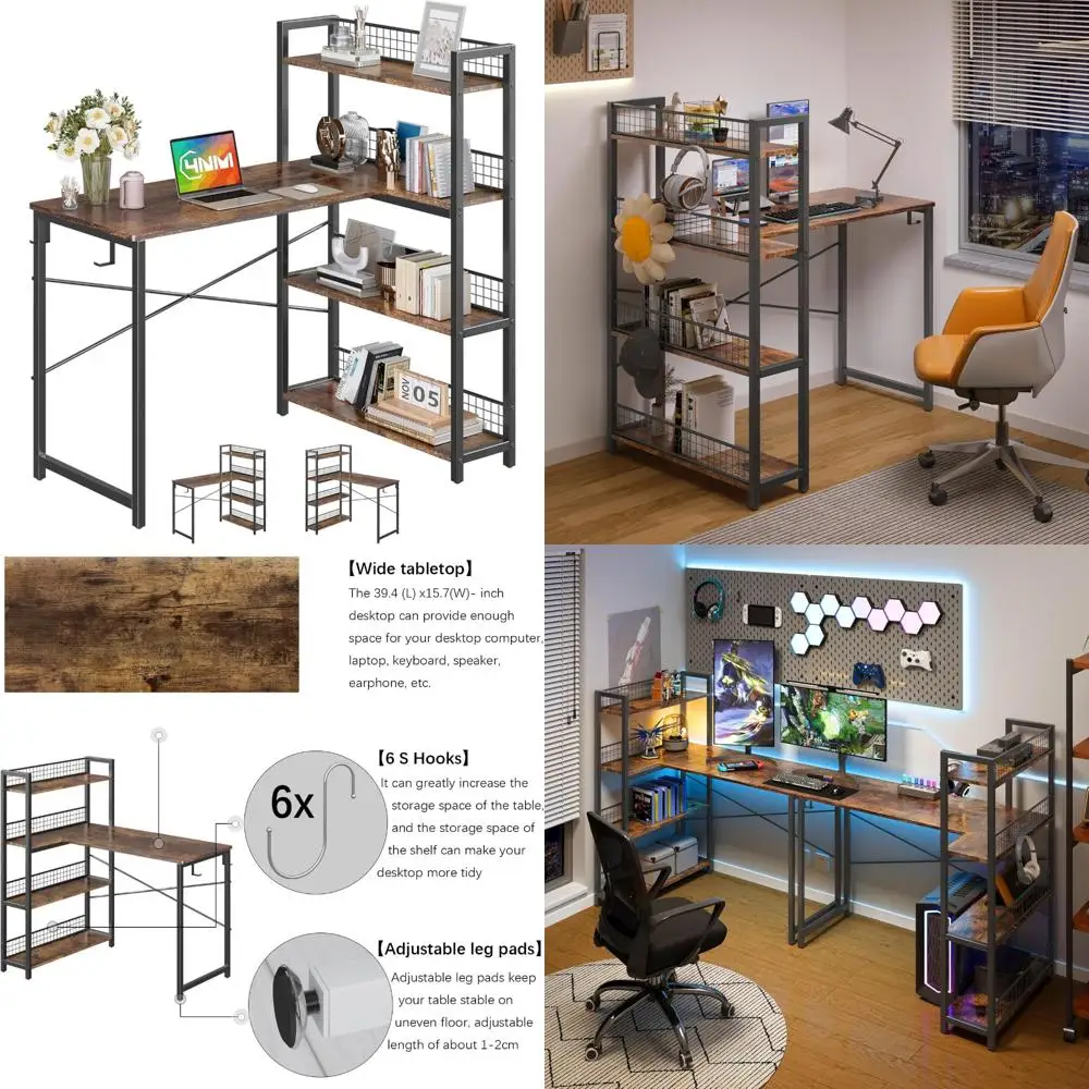 

L-Shaped Computer Desk with 4-Tier Bookshelf and 6 Hooks for Home Office, Study Table