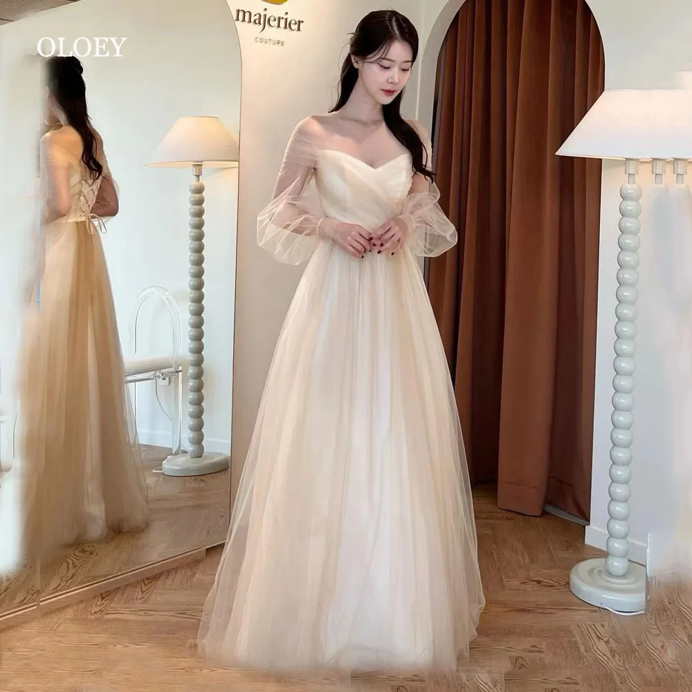 

OLOEY Fairy Tulle Korea Wedding Dress Photoshoot V-Neck Off The Shoulder Floor-Length Draped Evening Gown Dress