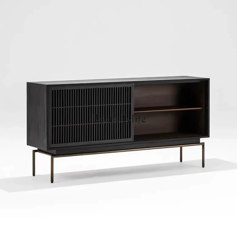 

Nordic retro dining side display cabinet wabi black modern solid wood storage tea cabinet