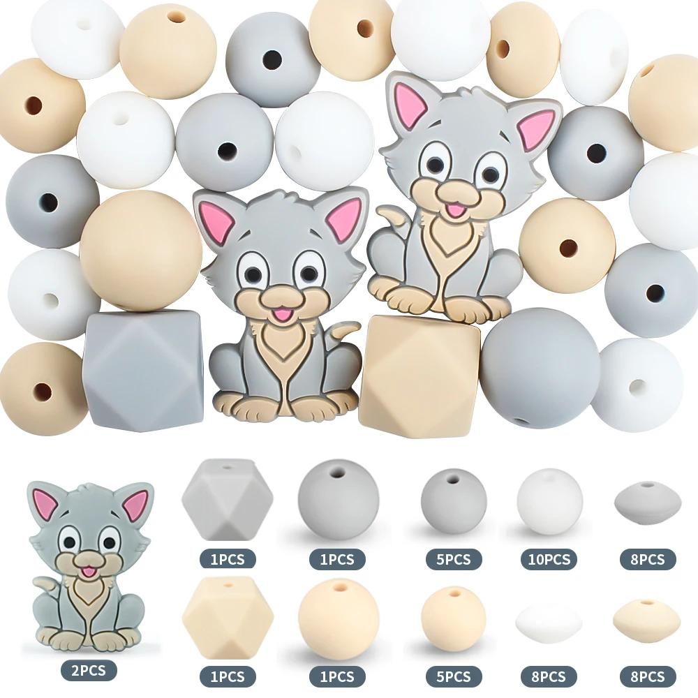 50Pcs/Set Silicone Beads Baby Sets kittens Round Beads Sets Teething Teether BPA Free DIY Necklace Pacifier Chian Accessories