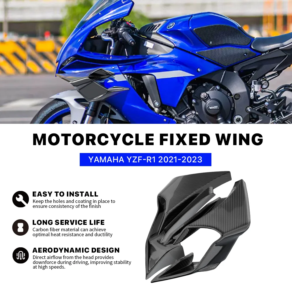 100% Carbon Fiber Motorcycle Fixed Wing Spoiler For YAMAHA YZF-R1 YZFR1 YZFR1 2021 2022-2024 Front Aerodynamic Winglets Fairing