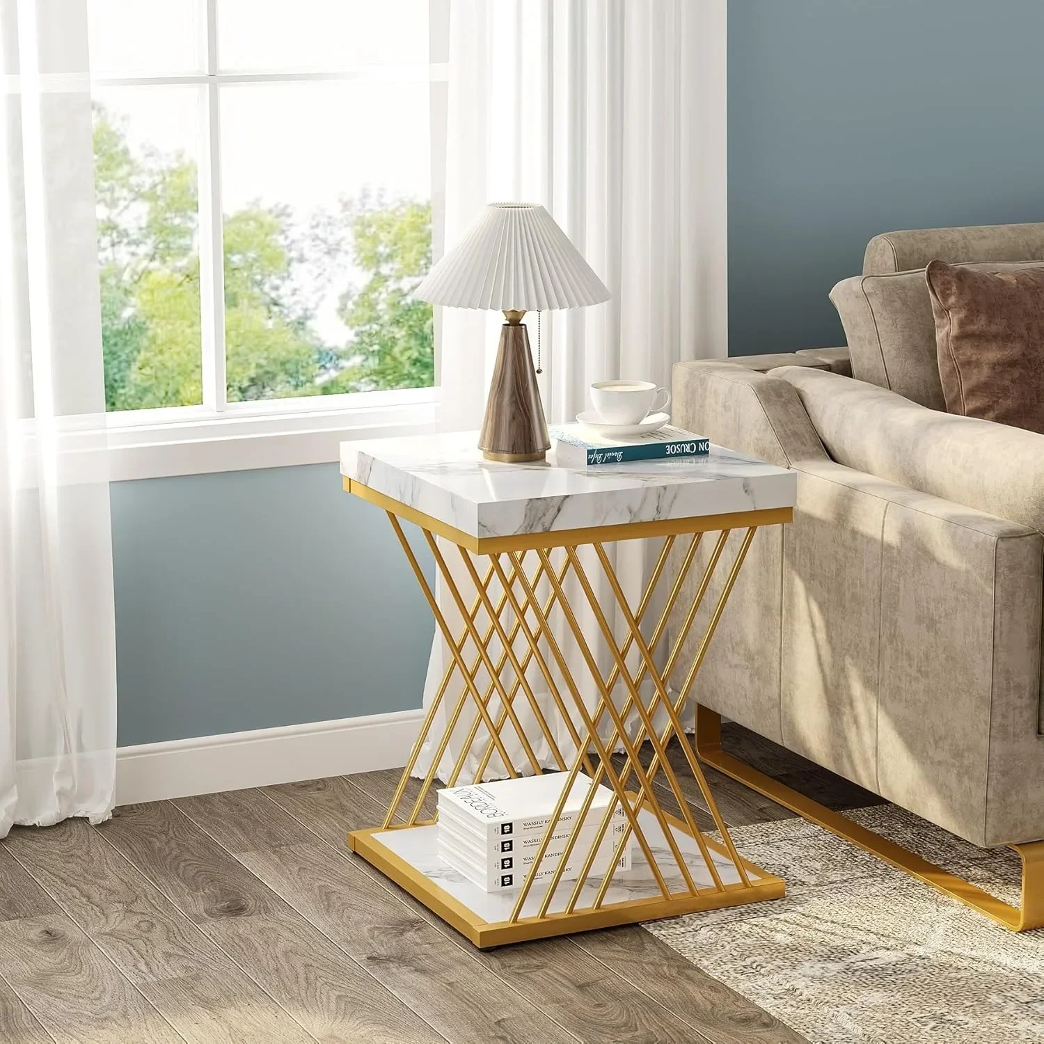 #Square End Table White Gold 2-Tier Side Table Modern Small Bedside Table with Storage for Couch ( Faux Marble White+Gold) image 2