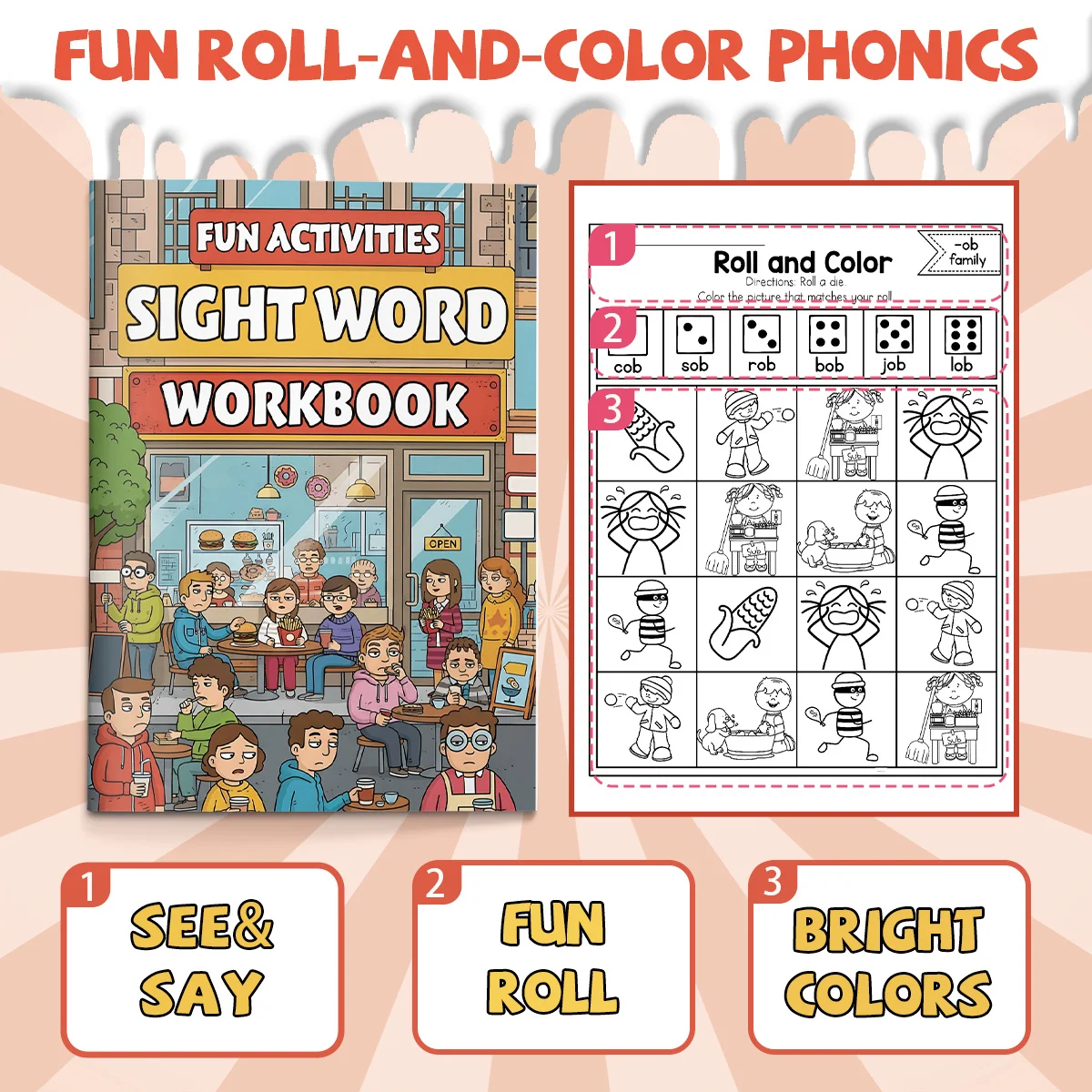 Roll and Color Phonics Workbook - Fun dice game activity to enhance letter recognition, voice awareness