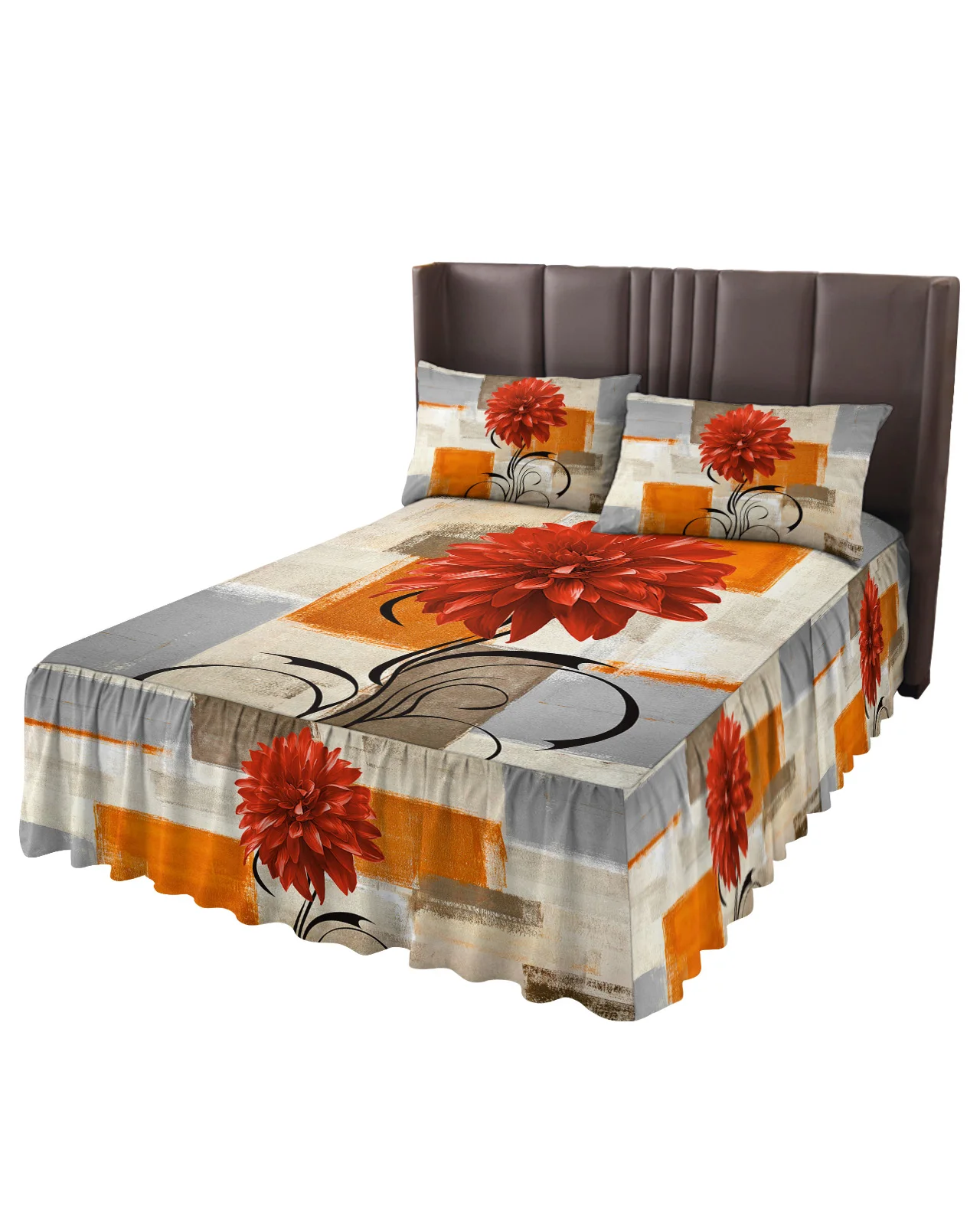 Dahlia Oil Painting Abstract Texture Plant Flower Orange Bed Skirt Fitted Bedspread With Pillowcases Mattress Cover Bedding Set