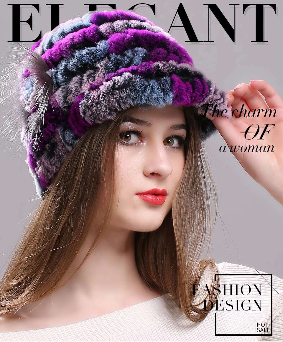 Winter Pelz Hüte für Frauen Rex Kaninchen Fell Elastische Gestrickte Hut mit Blume Pelz Hut Großhandel Baseball Kappe Weibliche Echtpelz Bonnets – Detail 1