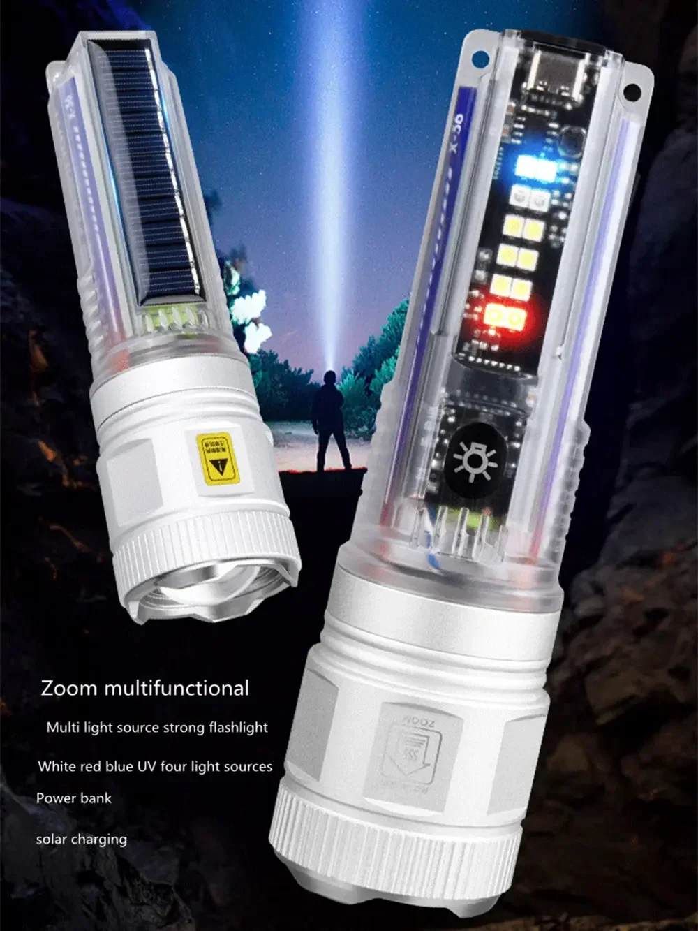 Solar Rechargeable USB Lantern Powerful LED Flashlight Strong Focused Long Range Torch Outdoor Emergency Warning Light Lamp