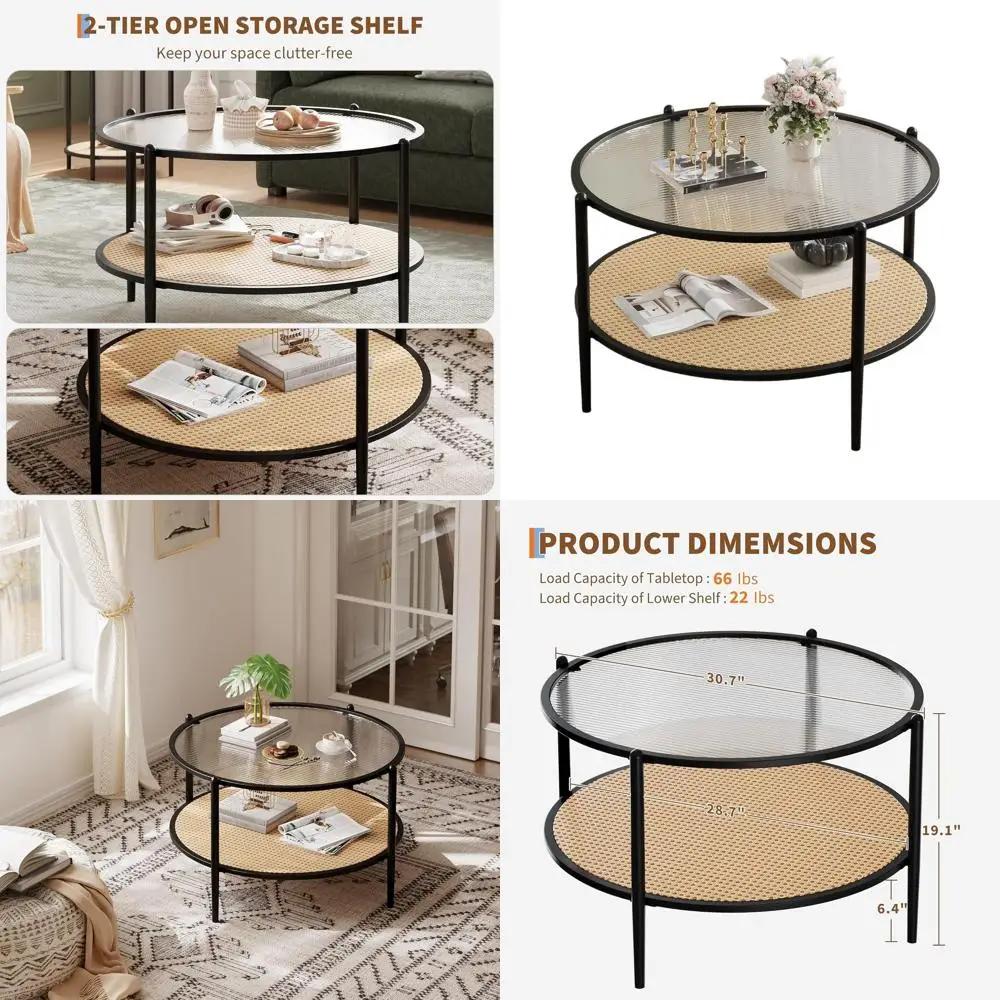 

2-уровневый торцевой столик из ротанга с местом для хранения вещей, современный журнальный столик со стеклянной столешницей для небольших помещений, подходит для гостиной или офиса - черный