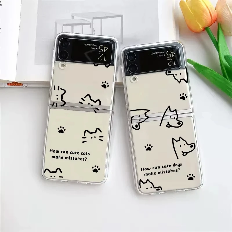 Capa Transparente Simples com Estampa de Gato e Cachorro para Samsung Galaxy Z Flip 5, Z Flip 6, Z Flip 7, Z Flip 4 e Z Flip 3