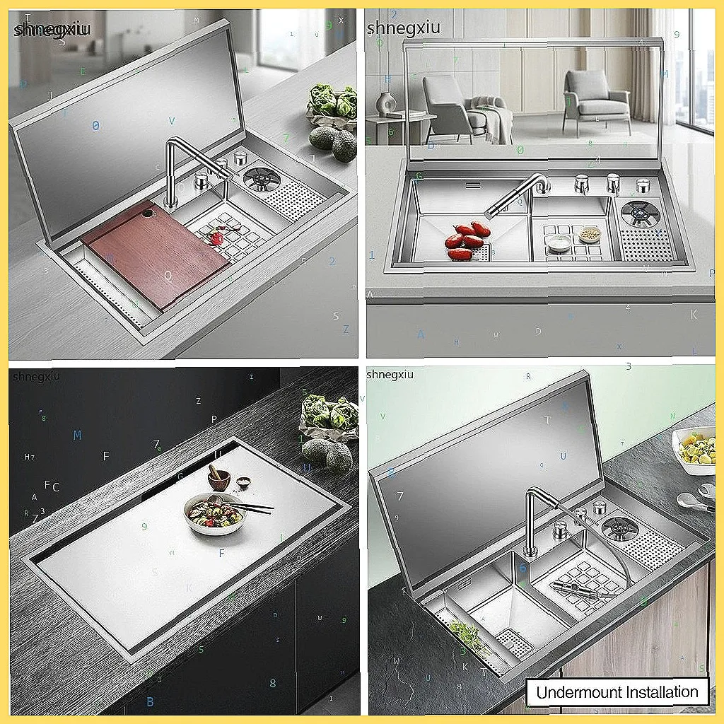 304 Stainless Steel Hidden Kitchen Sink with Flip Cover & Cup Rinser, Brushed Stepped Design