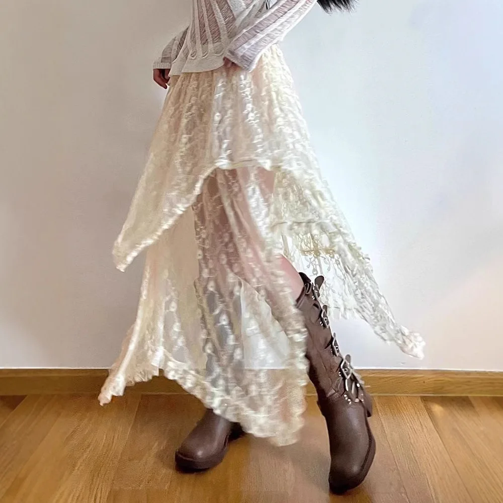 

Изысканная женская юбка абрикосового цвета с вышивкой, юбка с высокой талией, эластичная, асимметричная, многослойная, с термоэффектом