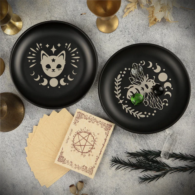

Wizard Plate Crystal Ritual Herbal Tray Black Cat Stainless Steel Saucer Metal Candle Holder Halloween Decorative Plating Plate