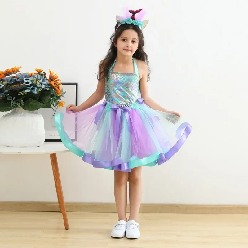 Little Mermaid Princess Dresses for Girls Kids Tutu Dress for Mermaid Birthday Party Costumes Halloween Clothes Set for Children