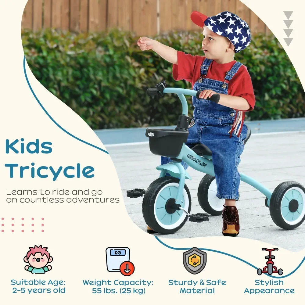 Tricycle pour enfants de 2 à 5 ans, siège réglable, vélo robuste à pédale pour enfants avec poignées de guidon de cloche de panier