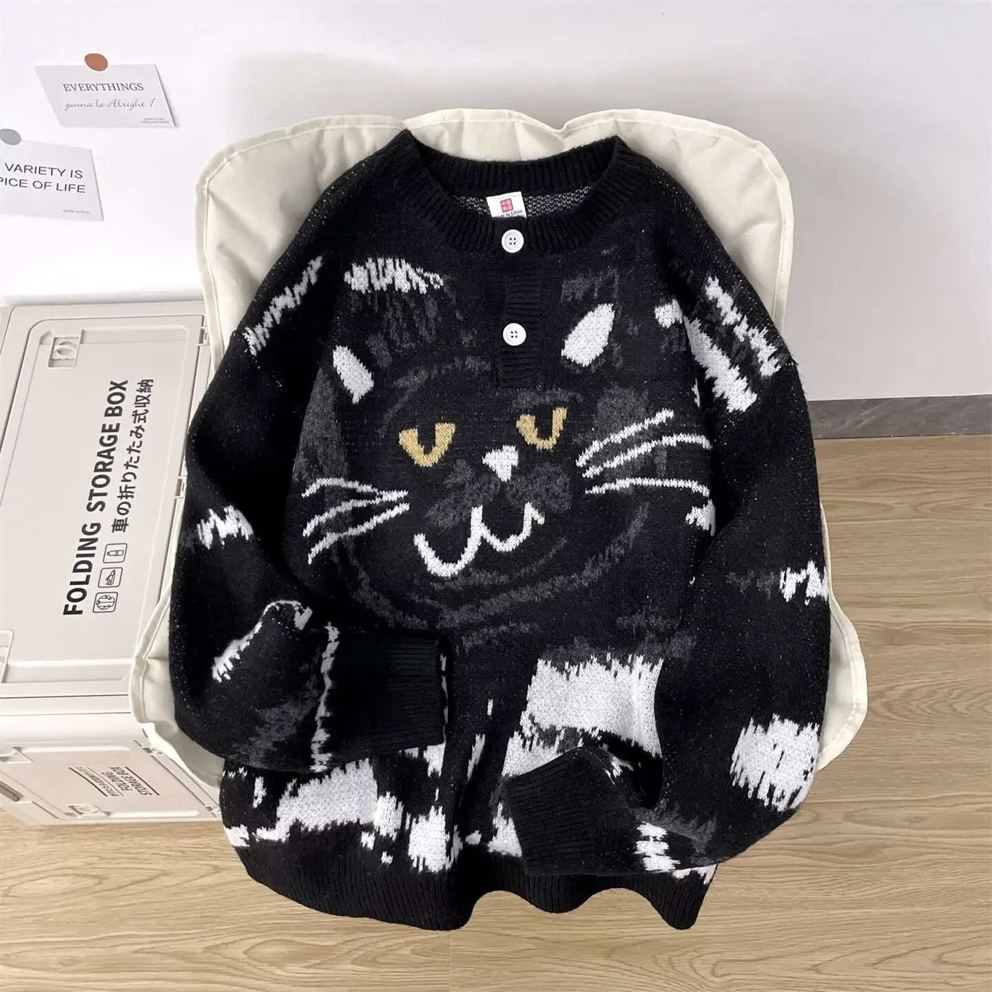 

Новый популярный осенне-зимний пуловер с забавным рисунком кошек, свитер, повседневный вязаный женский и мужской пуловер с круглым вырезом контрастного цвета