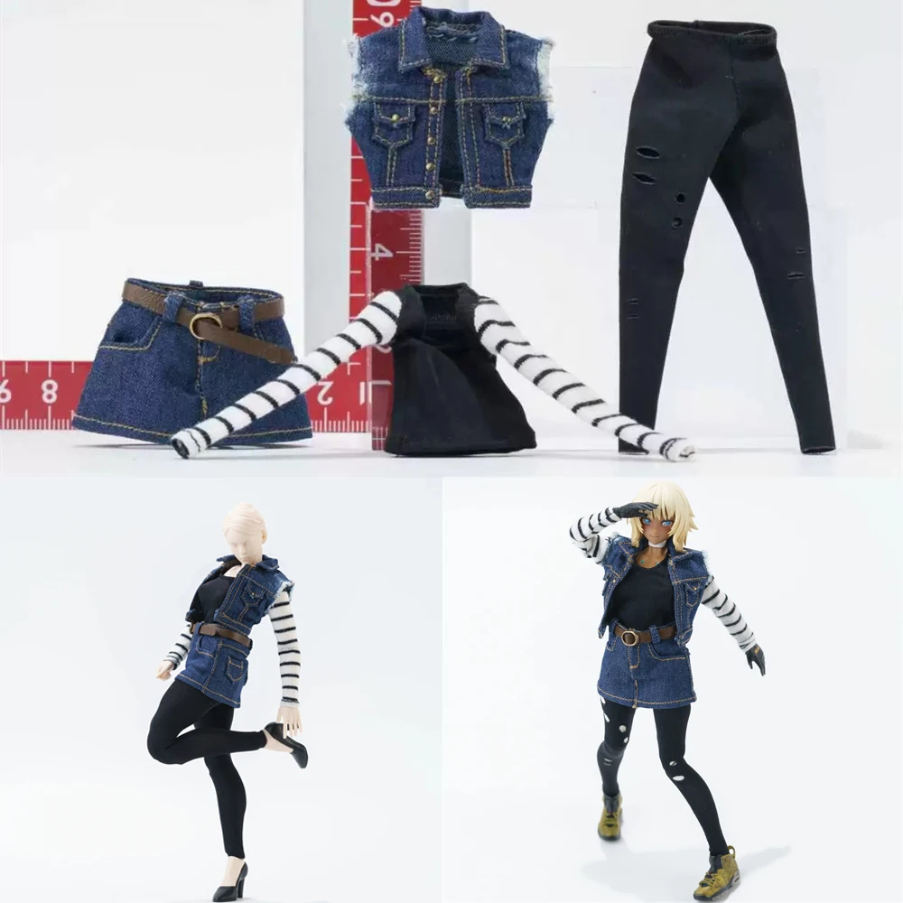 1/12 Woman Denim Vest Short Skirt Striped Long Sleeve Top Leggings Clothes Model Fit 6'' Romankey Notaman Female Action Figure