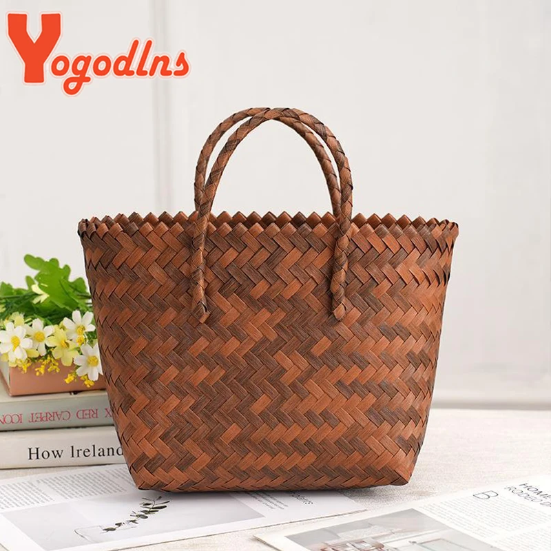 Summer Straw Basket Women Rattan Beach Bag Braided Handmade Handbag Vegetable Basket Tote Bag Vacation Handle Bag Purse