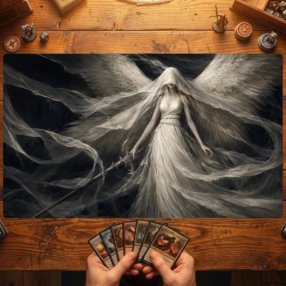 Verschleierter Weißflügel-Engel TCG Spielmatte 35X60CM Kleid Gotisches Schwert Magische Kartenmatte Rutschfeste Langlebige Tischspielmatte mit Genähtem Rand