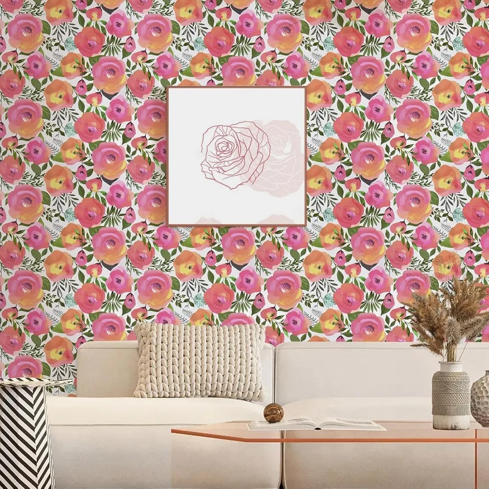 ورق جدران قابل للإزالة بألوان مائية وزهور وردية خوخي لخزانة الملابس - 17.7 × 1181، تصميم قابل للتقشير واللصق